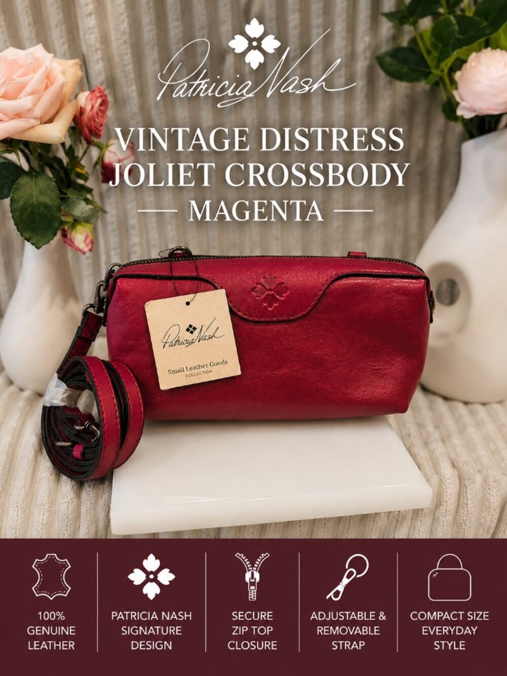 Patricia Nash Vintage Distress Joliet Leather Crossbody Bag Magenta NWT